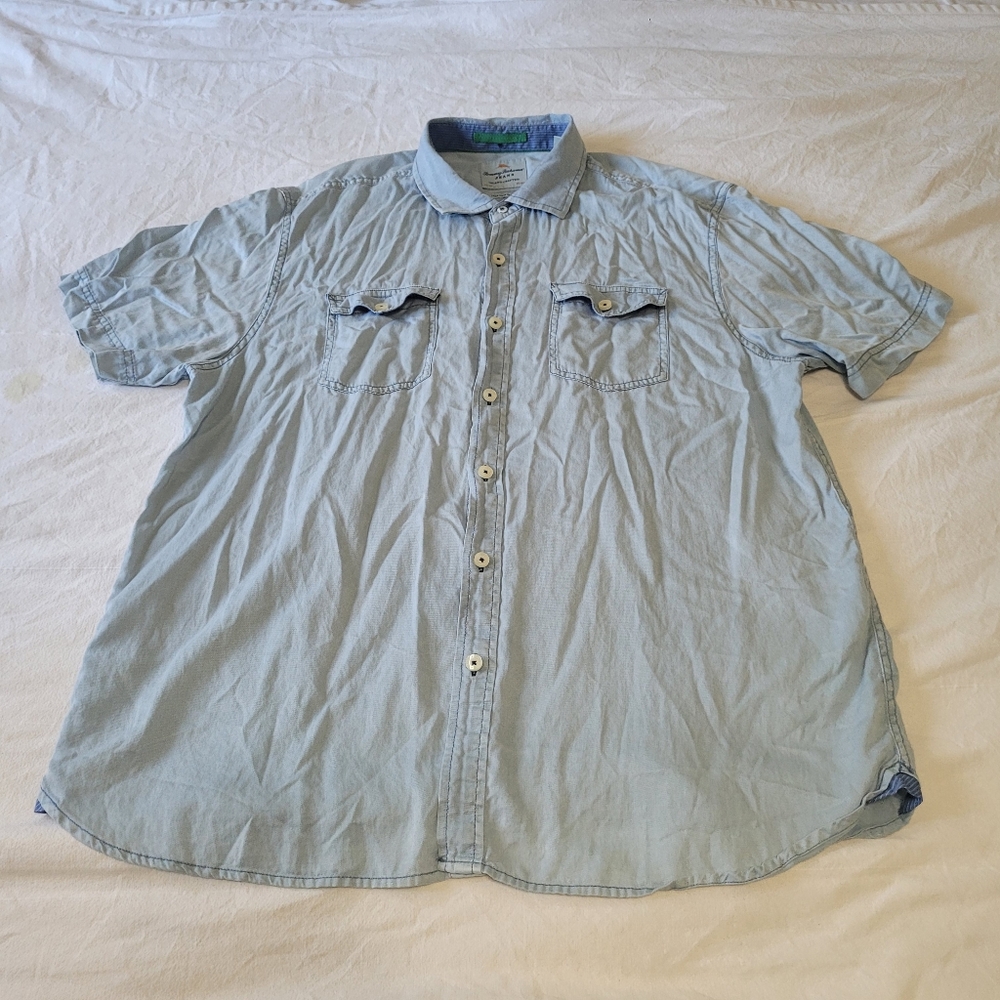 Tommy Bahama Island Zone Short Sleeve Chambray Shirt Mens Size XL Light Blue